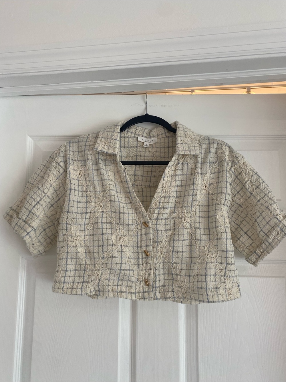 K/rios Los Angeles Embroidered Check Crop Top in Cream and Light Blue